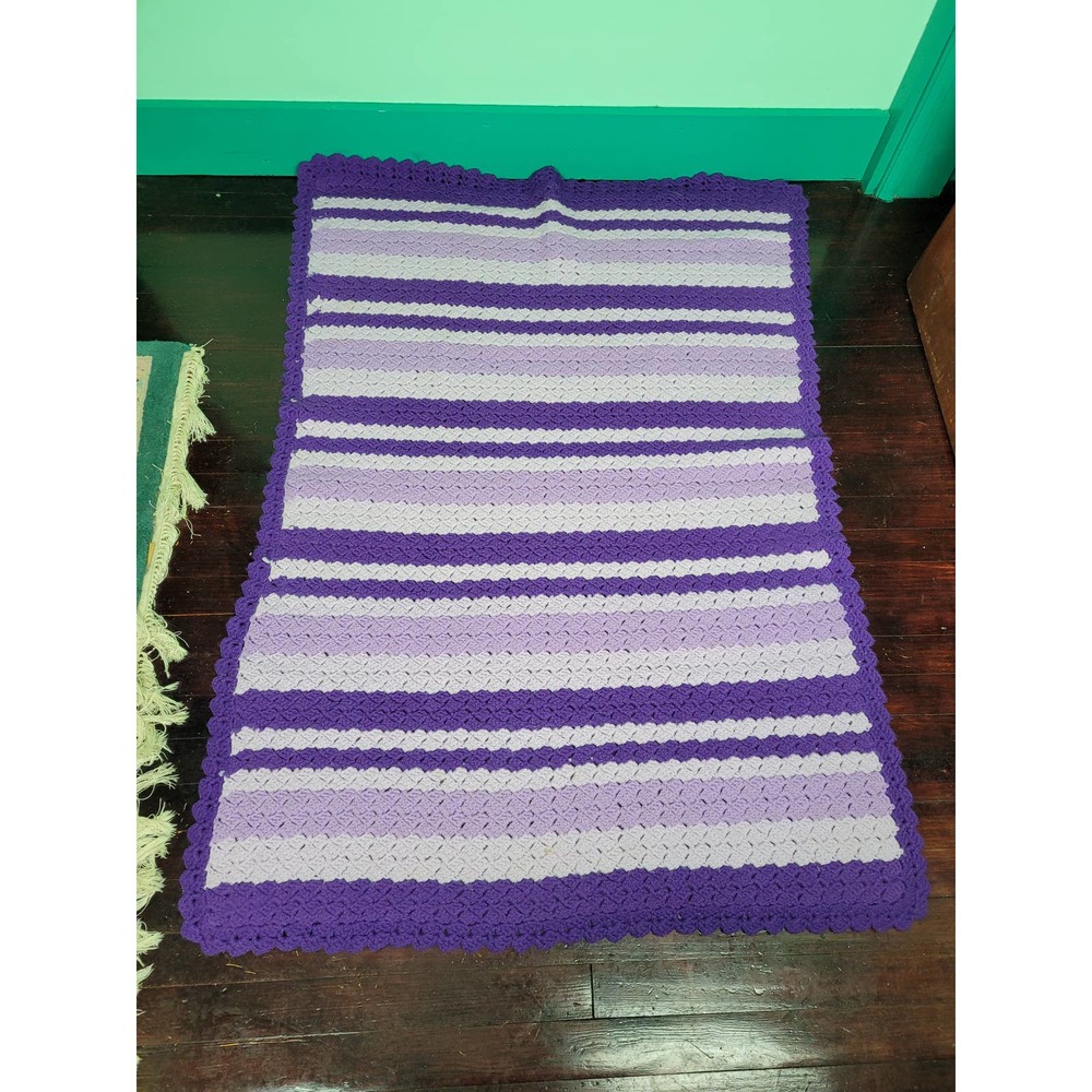Vintage Knit Crochet Pastel Purple White Granny Throw Blanket Afghan 55 x 38